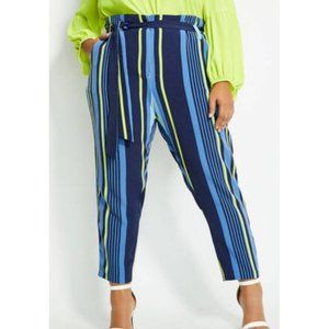 Ashley Stewart plus size 16 Striped paper bag Pants peacoat Elastic belt NWT
